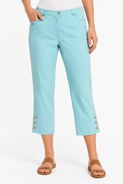 LR4405 Ruby Rd Size 12 Aqua Cropped Pants Button Hem Stretch Capri Ankle Pants